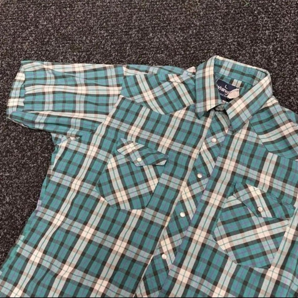 Vintage 90s y2k Wrangler pearl snap plaid button shirt blue ranch - mens large